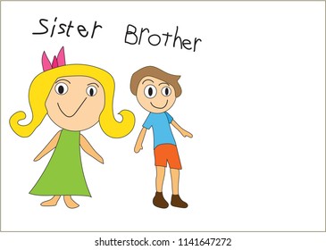 Cartoon picture of brother and sister, children art style. ( vector )