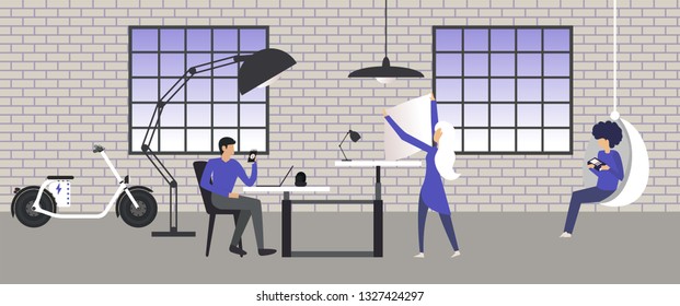 Cartoon picture of business people working in teamwork concept, open space creative office, modern workplace, loft room with dark, grey brick wall texture, electric bike,lamp,dask.Vector illustration.