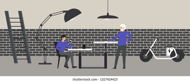 Cartoon picture of business people working in teamwork concept, open space creative office, modern workplace, loft room with dark, grey brick wall texture, electric bike,lamp,dask.Vector illustration.