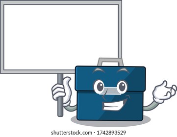 Cartoon picture of business suitcase mascot design style carries a board