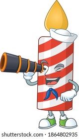 cartoon picture of candle in Sailor character using a binocular. Vector illustration