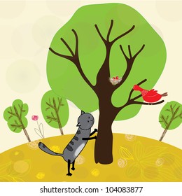 cartoon picture, cat and bird, vector image