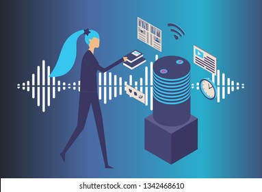 Cartoon picture of character woman with Smart speaker, Voice assistant, home automation hub concept in 3D, isometric style. Vector illustration. EPS 10.