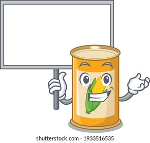 Cartoon picture of corn tin mascot design style carries a board