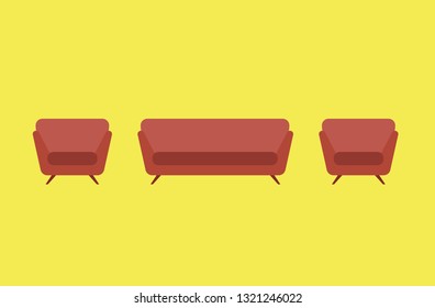 Cartoon picture of couch, sofa, chair. Vector illustration. Yellow Background.