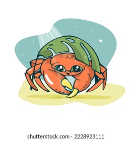 Cartoon picture with crab and leaf on blue and yellow background. Cute and funny. Vector.