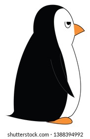Cartoon picture of a crazy penguin with black upperparts and white underparts and wings  beak and feet both in orange color  eyes rolled up  expresses sadness  vector  color drawing or illustration