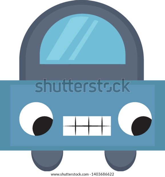Cartoon\
picture of a cute car-robot has two eyes rolled bottom-left, and\
mesh-like teeth look adorable over white background viewed from the\
front, vector, color drawing or\
illustration.