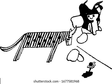 The cartoon picture depicts that, the cow knocks down the dungeon wall with her horns to free Hans. This knocks his hat off but he quickly climbs out, vintage line drawing or engraving illustration.