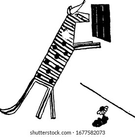 The cartoon picture depicts that, the cow tries to help Hans escape from the dungeon, by peeping out of the window to find a way, vintage line drawing or engraving illustration.