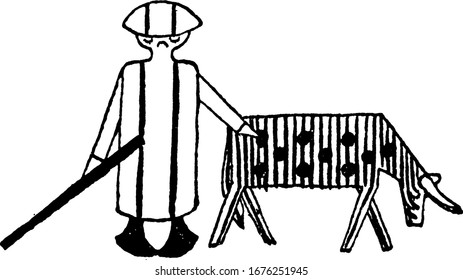 The cartoon picture depicts that, Hans and the cow are walking back home. Hans is very much depressed and with a sad face, vintage line drawing or engraving illustration.