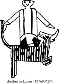 The cartoon picture depicts that, Hans jumps with excitement on the cows back to go home, as they got escaped from the dungeon, vintage line drawing or engraving illustration.