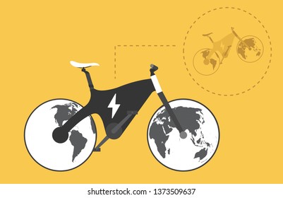 Cartoon picture with Electric Scooter, Electric Bike, Eco alternative city transport sign for web or print, wotld maps, globe. Enjoying futuristic bike. Flat style vector illustration. Blue Background