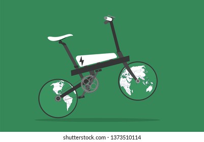 Cartoon picture with Electric Scooter, Electric Bike, Eco alternative city transport sign for web or print, wotld maps, globe. Enjoying futuristic bike. Flat style vector illustration on Background.