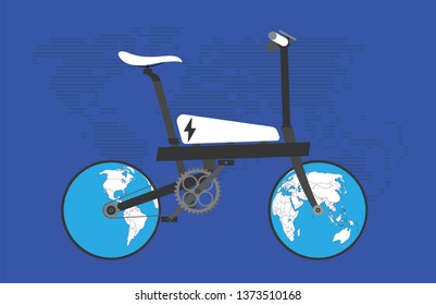 Cartoon picture with Electric Scooter, Electric Bike, Eco alternative city transport sign for web or print, wotld maps, globe. Enjoying futuristic bike. Flat style vector illustration. Blue Background