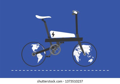 Cartoon picture with Electric Scooter, Electric Bike, Eco alternative city transport sign for web or print, wotld maps, globe. Enjoying futuristic bike. Flat style vector illustration on Background.