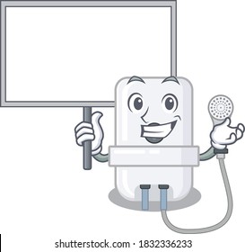 Cartoon picture of electric water heater mascot design style carries a board