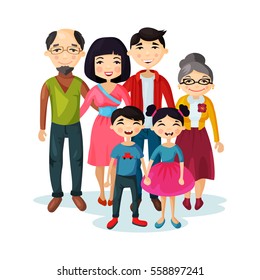 Cartoon picture of family with children or kids. Father and mother, grandmother and grandfather, sister and brother, woman and man couple with daughter and son. Parenting and portrait picture theme