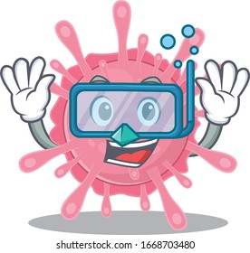 A cartoon picture featuring corona virus germ wearing Diving glasses