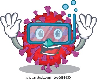 A cartoon picture featuring coronavirus particle wearing Diving glasses