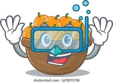 A cartoon picture featuring orange fruit basket wearing Diving glasses