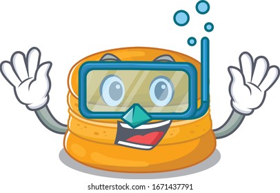 A cartoon picture featuring orange macaron wearing Diving glasses