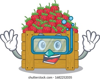 A cartoon picture featuring strawberry fruit box wearing Diving glasses