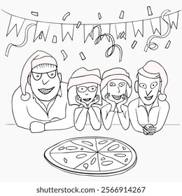 Cartoon picture, four people celebrating the holiday in a pizzeria wearing party hats. Pizza, serpentine, flags. Black and white vector illustration.