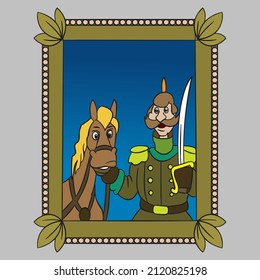 cartoon picture, framed photograph on the wall, depicting a knight with a horse.