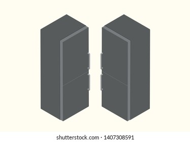 Cartoon picture with fridge, refrigerator, freezer, cooler, icebox. Isometric style vector illustration with background.