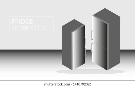 Cartoon picture with fridge, refrigerator, freezer, cooler, icebox. Isometric style vector illustration with background.