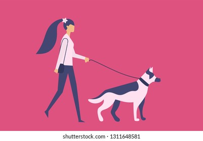 Cartoon picture with girl, asian woman and she's got her dog, walking the dog. vecotr illustration. Pink background. 
