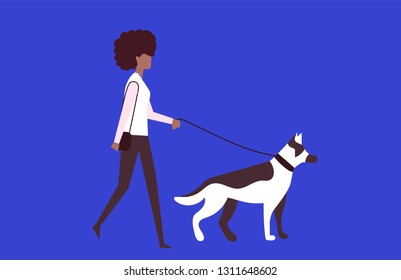 Cartoon picture with girl, black woman and she's got her dog, walking the dog. Vecotr illustration. Blue background. 