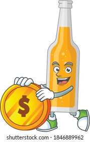 cartoon picture of glass of beer rich character with a big gold coin. Vector illustration