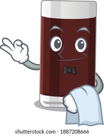 A cartoon picture of glass of chocolate waiter with a white napkin. Vector illustration