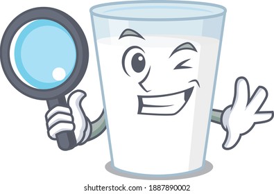 cartoon picture of glass of milk Detective using tools. Vector illustration
