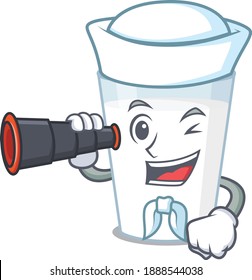 A cartoon picture of glass of milk Sailor using binocular. Vector illustration