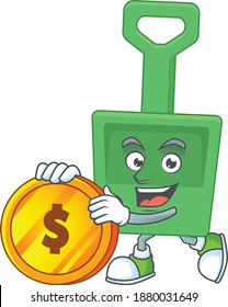 cartoon picture of green sand bucket rich character with a big gold coin. Vector illustration