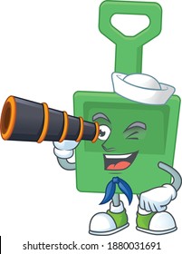 cartoon picture of green sand bucket in Sailor character using a binocular. Vector illustration