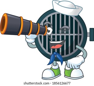 cartoon picture of grill in Sailor character using a binocular. Vector illustration