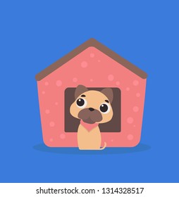 Cartoon picture with home pets, domestic animals, dog, canine, doggie, dog house, ghost, dog shed. Vector illustration. 