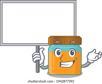 Cartoon picture of honey jar mascot design style carries a board