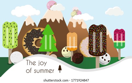 Cartoon picture of a landscape of ice cream and sweets. Mountains with Gelato balls and Popsicle trees.. Flat vector illustration of a fruit Popsicle. Poster for a pastry shop, summer collection, and