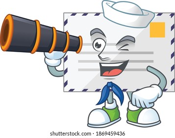 cartoon picture of letter in Sailor character using a binocular. Vector illustration