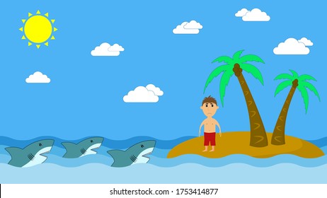 Cartoon picture. A lonely man on a desert island surrounded by three hungry predatory sharks. Cartoon picture.