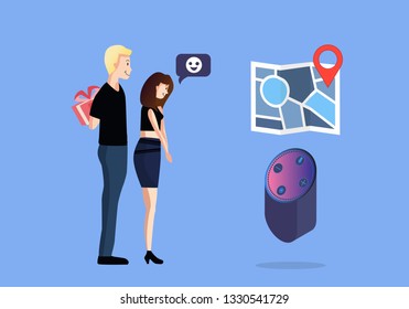 Cartoon picture of Man with gift box and  Girl character likes Smart speaker, Voice assistant, home automation hub concept in 3D, isometric style. Vector illustration. EPS 10.