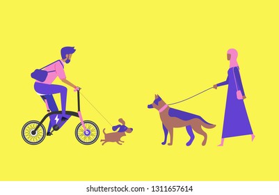 Cartoon picture with man riding fast modern electric bicycle. Enjoying futuristic bike ride and he's walking the dog and girl, arabian woman walking the dog. Flat style vector illustration.