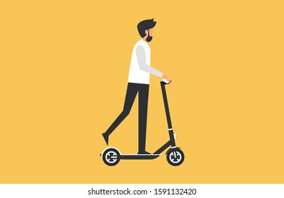 Cartoon picture with man riding fast modern electric bicycle. Enjoying futuristic bike ride, electric scooter, kick scooter, Eco alternative city transport. Vector flat illustration.Yellow background.