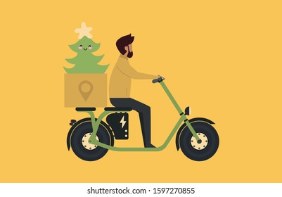 Cartoon picture with man riding fast electric scooter, Electric Bike  with a box, Eco alternative city transport. Flat style vector illustration. male with New Year tree. Delivery concept