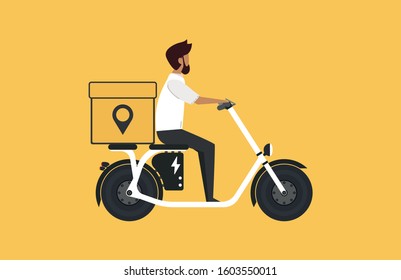 Cartoon picture with man riding fast electric scooter, Electric Bike  with a box, Eco alternative city transport. Flat style vector illustration. Male with 
 location. Delivery concept